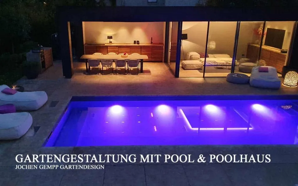Luxus Gartengestaltung mit Poolhaus & Sauna